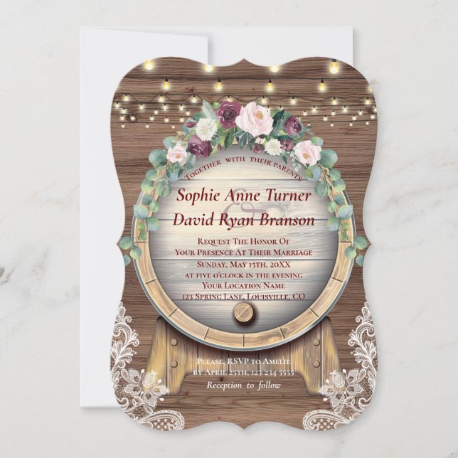 Invitación Boda Rubor Burgundy Floral Wine Barrel Lace (Anverso)