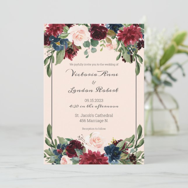 Invitación Boda Rubor de escritura elegante con flores de Bor (Anverso de pie)