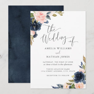 Invitación Boda Rubor de la Marina Floral de color de agua mo