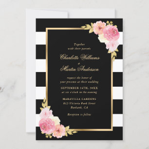Invitación Boda Rubor de rayas blancas rosadas florales negra