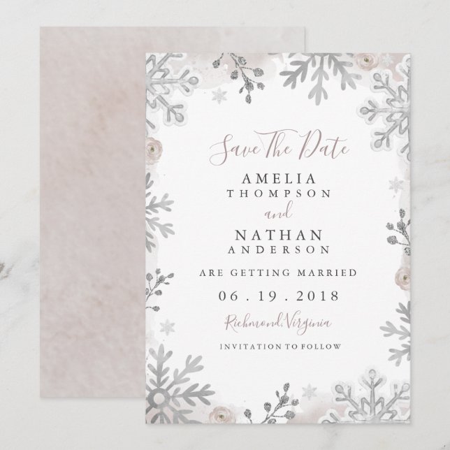 Invitación Boda Rubor De Snowflake De Invierno Salva La Fecha (Anverso / Reverso)