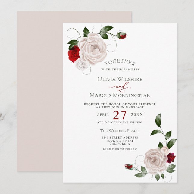 Invitación Boda | Rubor Dusty Rosa y Cabernet Floral (Anverso / Reverso)
