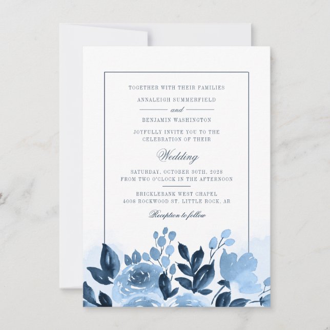 Invitación Boda Rubor Floral Dusty Blue Watercolor (Anverso)