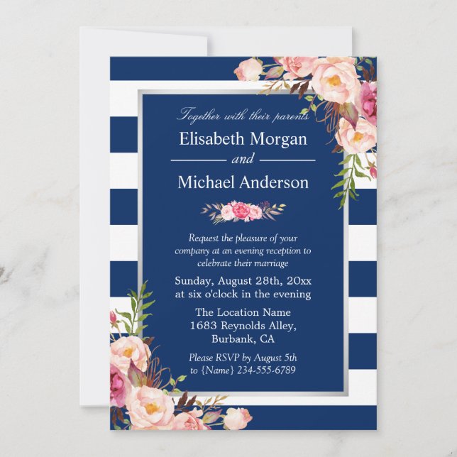 Invitación Boda Rubor Floral Silver Navy Blue Stripes (Anverso)
