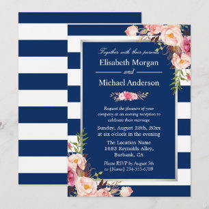 Invitación Boda Rubor Floral Silver Navy Blue Stripes
