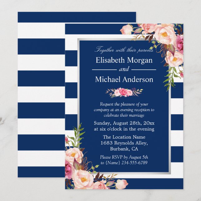 Invitación Boda Rubor Floral Silver Navy Blue Stripes (Anverso / Reverso)