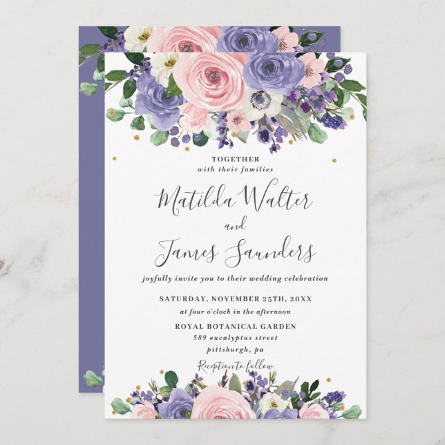 Invitación Boda Rubor Lavender Purple Floral Greenery (Anverso / Reverso)