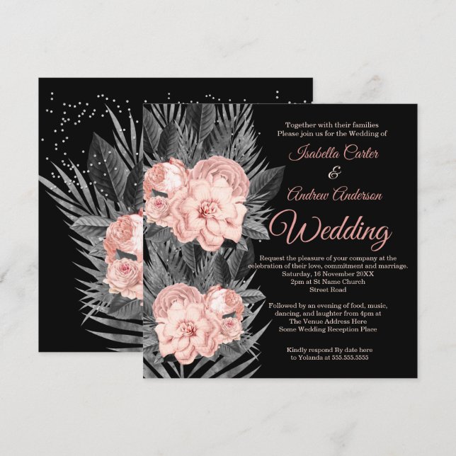 Invitación Boda Rubor Peach Carbón Floral Negro (Anverso / Reverso)