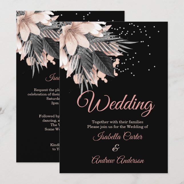 Invitación Boda Rubor Peach Peach Pink Charcoal Floral Black (Anverso / Reverso)