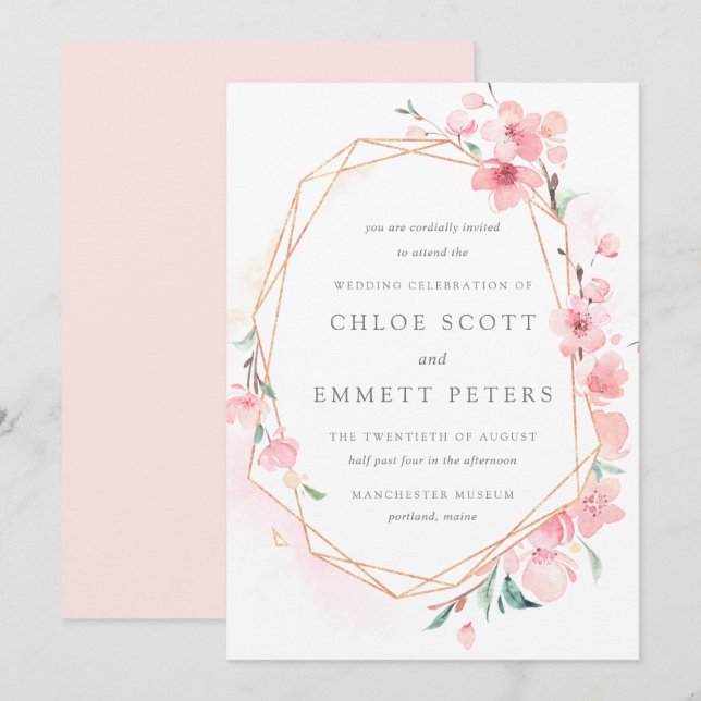 Invitación Boda Rubor Pink and Gold Cherry Blossom (Anverso / Reverso)