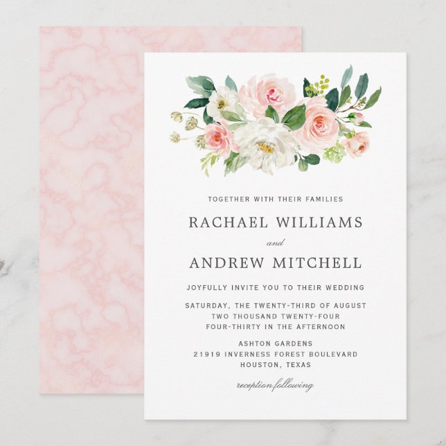 Invitación Boda Rubor Pink Floral Bouquet (Anverso / Reverso)
