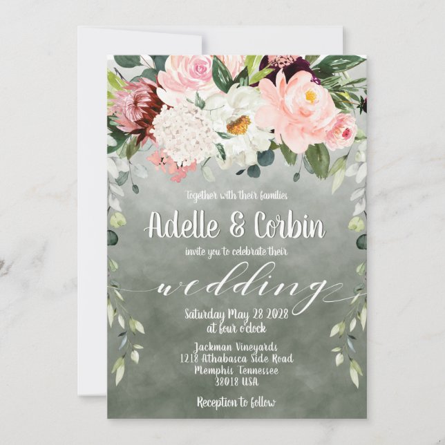 Invitación Boda Rubor Pink Garden Sage Green White Font (Anverso)