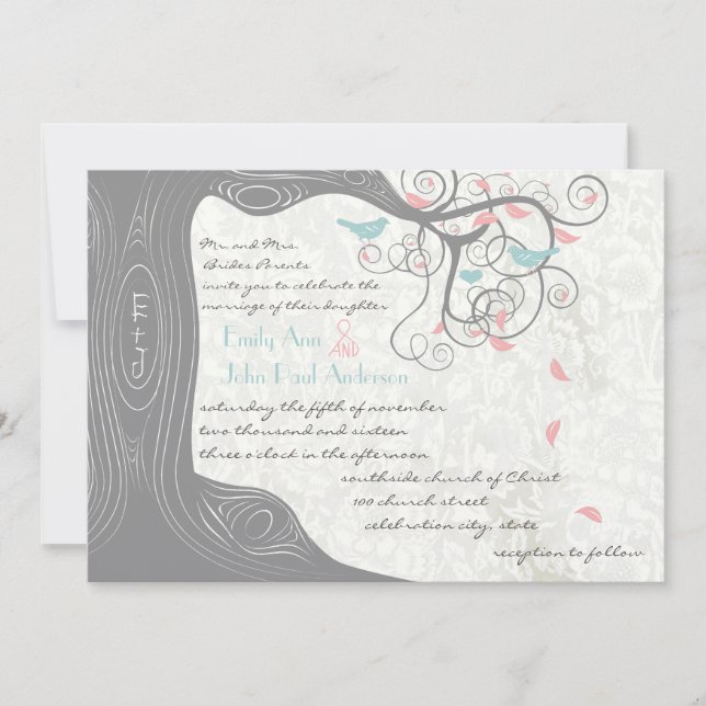 Invitación Boda Rubor Pink Pastel Mint y Gray Lovebird (Anverso)