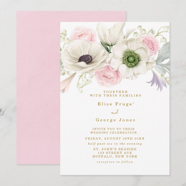 Invitación Boda Rubor Pink Peony Anemones Flower Gold (Anverso / Reverso)
