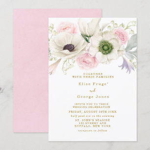 Invitación Boda Rubor Pink Peony Anemones Flower Gold