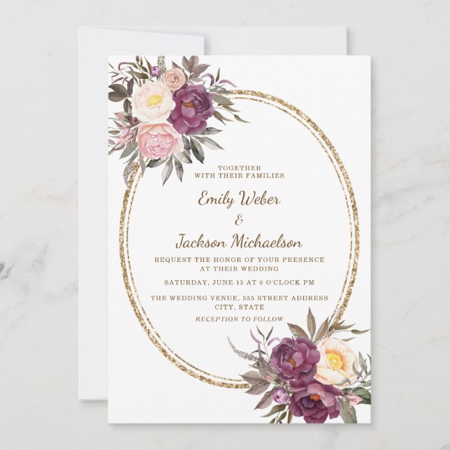 Invitación Boda Rubor Pink Purple Cream Floral Gold (Anverso)