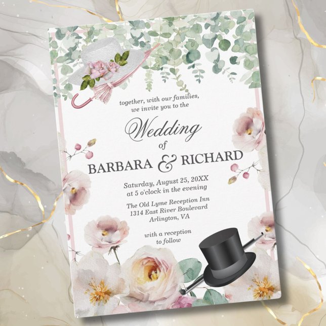 Invitación Boda Rubor Romántico Floral Top Hat (Subido por el creador)