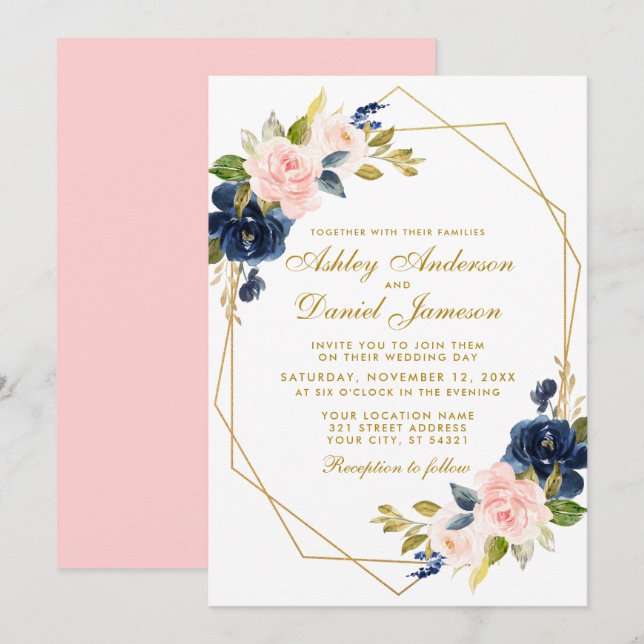 Invitación Boda Rubor rosa azul floral de oro geométrico (Anverso / Reverso)