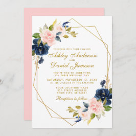 Invitación Boda Rubor rosa azul floral de oro geométrico