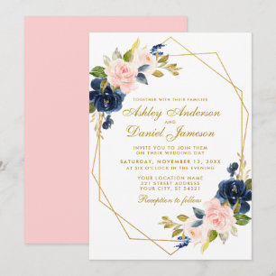 Invitación Boda Rubor rosa azul floral de oro geométrico