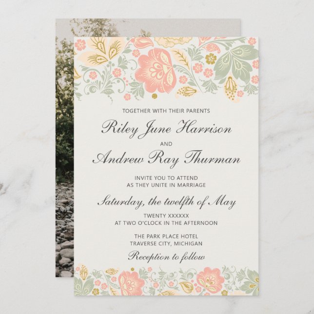 Invitación Boda Rubor Sage Classic Floral Elegance Peach (Anverso / Reverso)