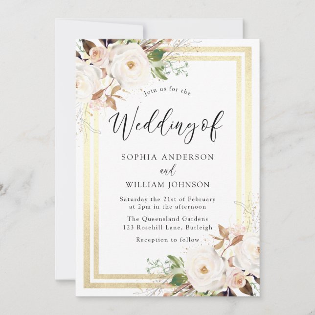 Invitación Boda Rubor White Flowers Gold Border Wonderland (Anverso)