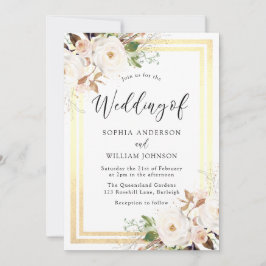 Invitación Boda Rubor White Flowers Gold Border Wonderland