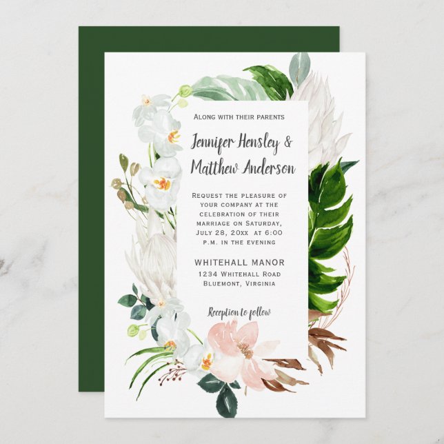 Invitación Boda Rubor White Tropical Floral Greeneration (Anverso / Reverso)