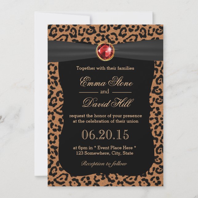 Invitación Boda Ruby Gemstone de Lujo Leopardo (Anverso)