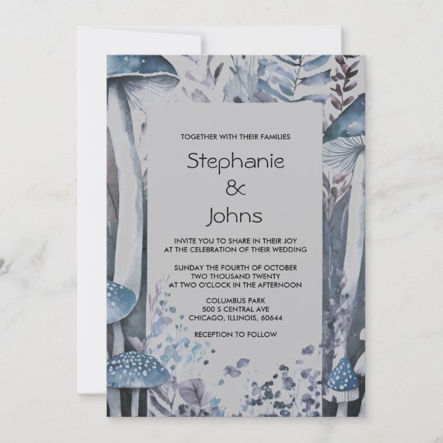 Invitación Boda ruidoso de los hongos de Woodland Blue Silver (Anverso)