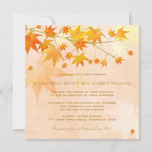Invitación Boda rural de hojas de otoño encantadas (Anverso)