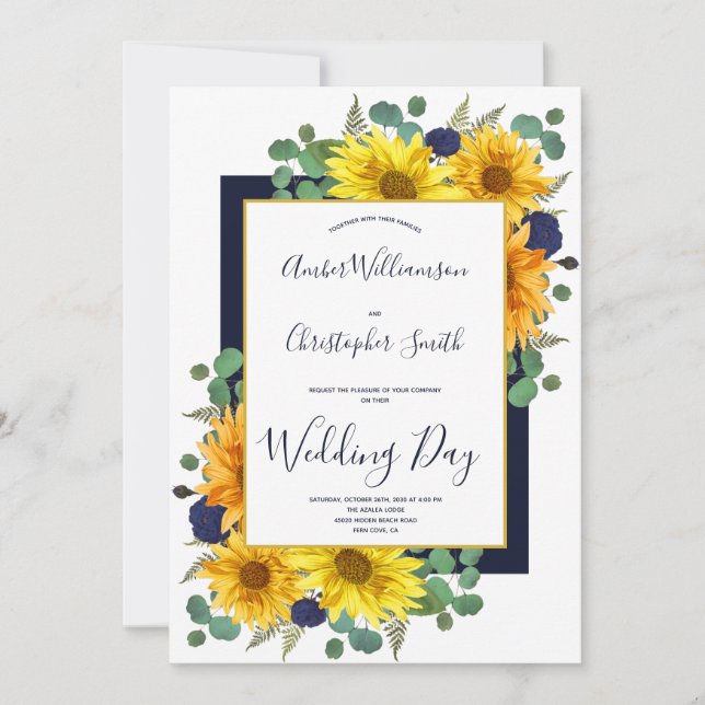 Invitación Boda rural de la Marina Rusa del Girasol Rosas Azu (Anverso)