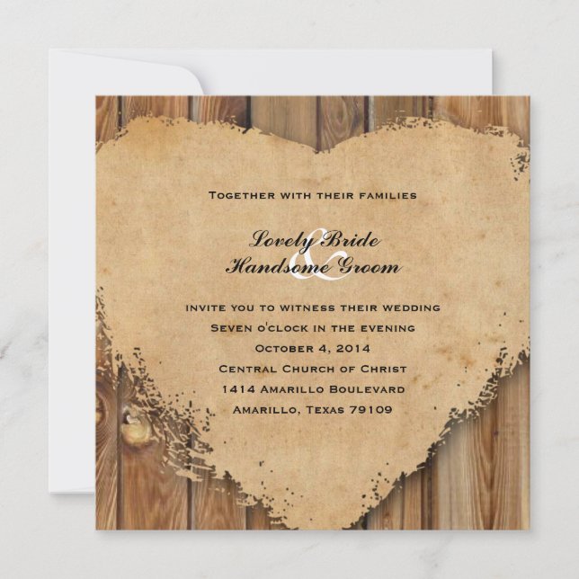 Invitación Boda rural estilo Madera del Corazón Rústica (Anverso)