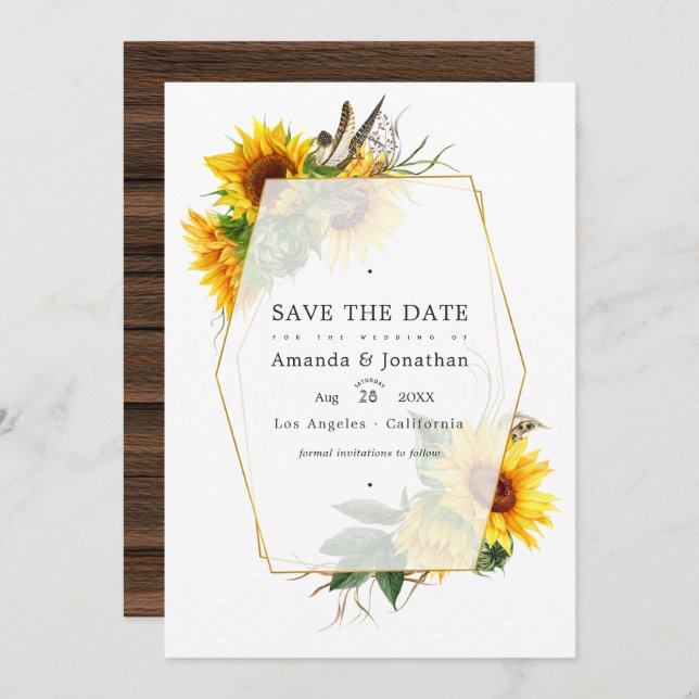 Invitación Boda rural rústica de girasol geométrico (Anverso / Reverso)