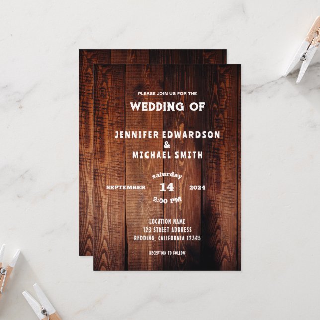 Invitación Boda rural rústica de madera de grano (Anverso/Reverso In Situ)