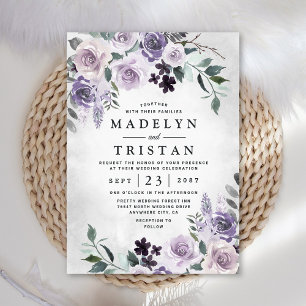 Invitación Boda rúsculo de flores grises doradas y violetas