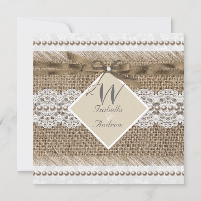 Invitación Boda ruso Beige lace Burlap Pearl White (Anverso)