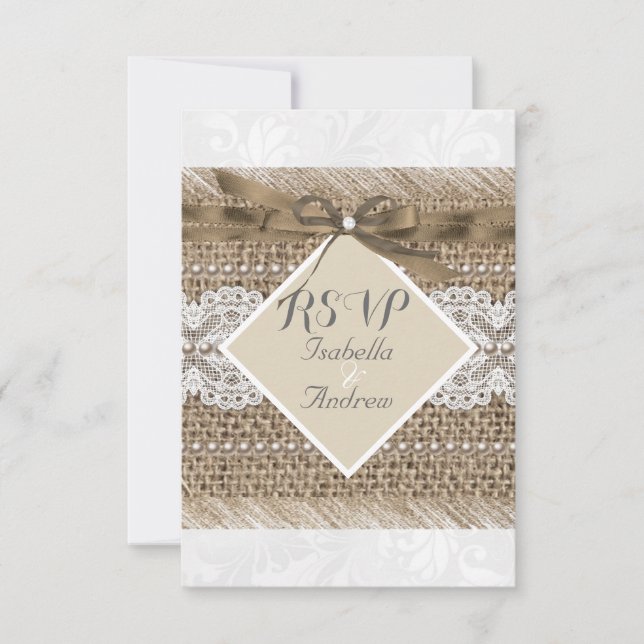 Invitación Boda ruso Beige lace Burlap Pearl White RSVP (Anverso)