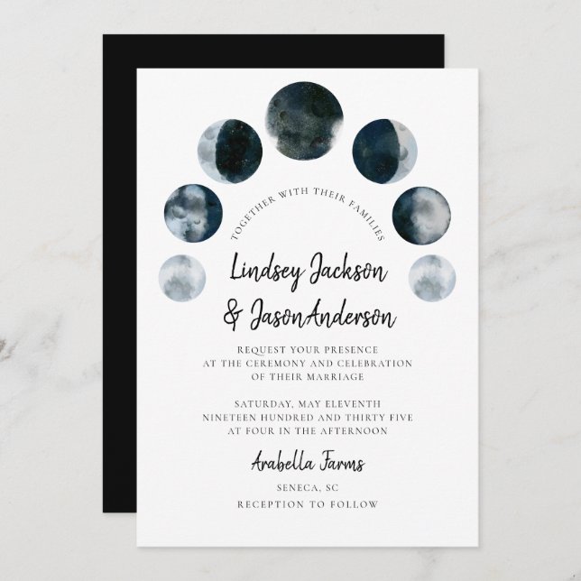 Invitación Boda ruso celestial bohemio de luna oscura (Anverso / Reverso)
