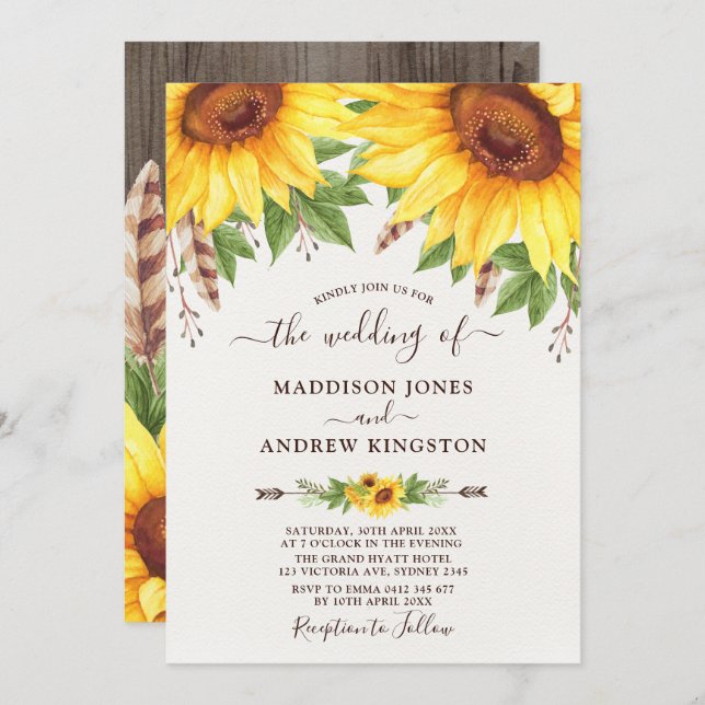 Invitación Boda ruso de acuarela Boho Sunflowers (Anverso / Reverso)