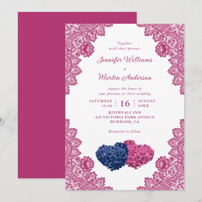 Invitación Boda ruso de encaje azul y rosa de la marina (Anverso / Reverso)