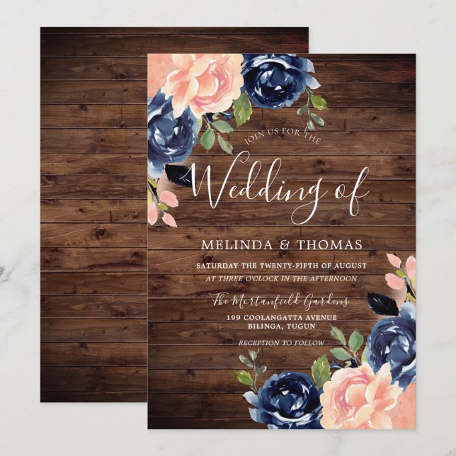 Invitación Boda ruso de flores azules de Rubor y Marina (Anverso / Reverso)