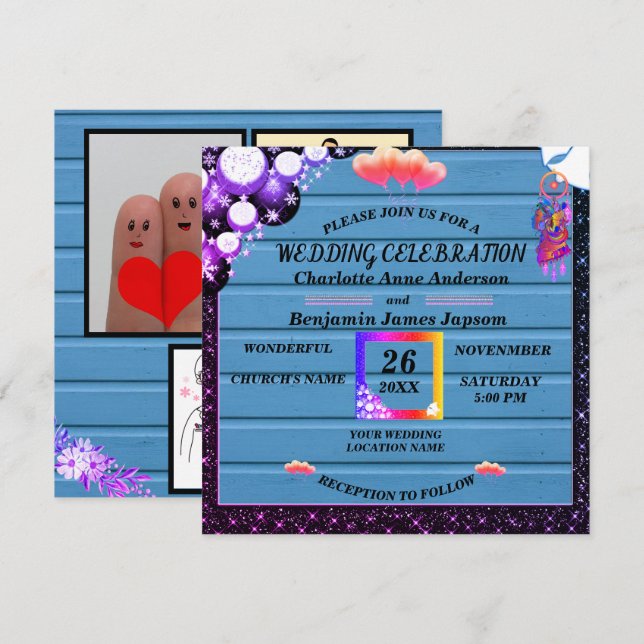 Invitación Boda ruso de madera azul Purpurina púrpura Boho bo (Anverso / Reverso)