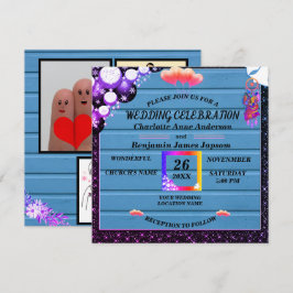 Invitación Boda ruso de madera azul Purpurina púrpura Boho bo