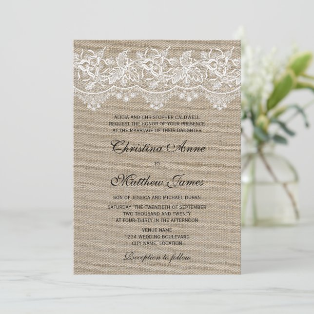 Invitación Boda ruso de yute y encaje (Anverso de pie)