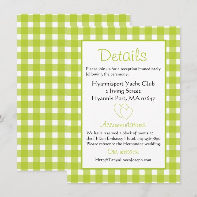Invitación Boda ruso detalla Fiesta de Gingham Green Plaid (Anverso / Reverso)