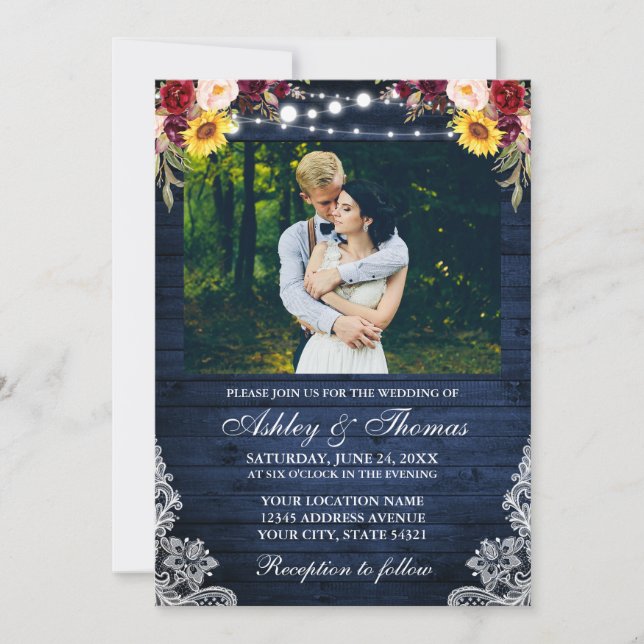 Invitación Boda ruso Floral Blue Wood Luces Lace Photo (Anverso)