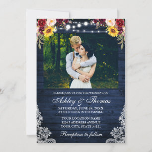 Invitación Boda ruso Floral Blue Wood Luces Lace Photo