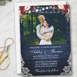 Invitación Boda ruso Floral Blue Wood Luces Lace Photo