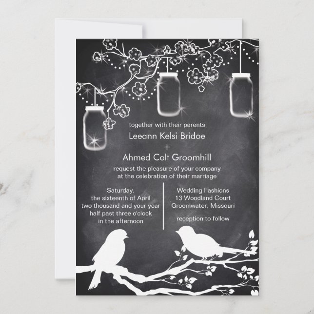 Invitación Boda ruso Mason Jar Chalkboard Lovebirds (Anverso)